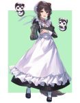  1girl :3 :d a-er_(akkij0358) animal_ears apron asymmetrical_bangs banken_(inui_toko) bib_collar black_dress black_shoes border breasts brown_hair bun_cover collared_dress commentary_request creature dog_ears dog_girl dog_tail dress floating flower frilled_apron frills full_body green_background hair_flower hair_ornament heterochromia holding holding_teapot inui_toko inui_toko_(7th_costume) juliet_sleeves long_dress long_sleeves looking_at_viewer maid maid_headdress mary_janes neck_ribbon nijisanji open_mouth outside_border puffy_sleeves red_eyes red_ribbon ribbon shoes simple_background sleeve_cuffs small_breasts smile socks tail teapot virtual_youtuber waist_apron white_apron white_border white_headdress white_socks yellow_eyes 