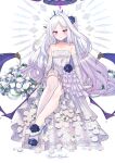  1girl alternate_costume bare_shoulders black_halo black_horns blue_archive blue_flower blush bouquet breasts choker closed_mouth collarbone commentary_request dress elbow_gloves flower footwear_flower gloves halo high_heels highres hina_(blue_archive) horns invisible_chair jin_young-in long_hair looking_at_viewer parted_bangs purple_eyes shoes simple_background single_thighhigh sitting small_breasts smile solo strapless strapless_dress thighhighs very_long_hair white_background white_choker white_dress white_gloves white_hair white_shoes white_thighhighs 