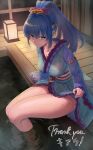  1girl absurdres bathrobe blue_hair blush bow breasts cleavage closed_mouth collarbone commission crossed_bangs green_eyes hair_between_eyes hair_bow highres indie_virtual_youtuber kiara_(kiarastreams)_(vtuber) long_hair looking_at_viewer onsen purple_bow shozakana smile soaking_feet solo thank_you thick_thighs thighs virtual_youtuber water wet wooden_floor wooden_wall 