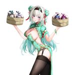  1girl absurdres alternate_costume bamboo_steamer black_garter_belt black_garter_straps black_hairband black_thighhighs bracelet breasts bun_cover china_dress chinese_clothes commentary cowboy_shot dana_(hapong07) double_bun dress firefly_(honkai:_star_rail) from_side garter_belt garter_straps gradient_hair green_dress green_hair grey_hair hair_bun hair_intakes hairband highres holding_bamboo_steamer honkai:_star_rail honkai_(series) jewelry kafka_(honkai:_star_rail) lace_garter_belt large_breasts long_hair looking_at_viewer looking_to_the_side multicolored_hair origami_bird_(honkai:_star_rail) parted_lips purple_eyes short_sleeves silver_wolf_(honkai:_star_rail) simple_background solo thighhighs two-tone_hair white_background 