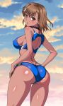  1girl alternate_breast_size ass back bare_arms bare_shoulders bikini black_choker blue_bikini blue_buruma blue_sky blue_sports_bra blush breasts brown_eyes brown_hair buruma choker cloud cloudy_sky covered_nipples cowboy_shot dark_skin flower from_behind frozen_gingasan gradient_sky hair_flower hair_ornament hands_on_own_hips highres large_breasts looking_at_viewer looking_back median_furrow medium_breasts medium_hair misaka_mikoto open_mouth outdoors shiny_skin sideboob sky solo sports_bikini sports_bra standing swimsuit tan thighs toaru_kagaku_no_railgun toaru_majutsu_no_index variant_set 