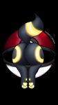ambiguous_gender big_butt black_background black_body black_fur butt digitigrade eeveelution featureless_crotch feral fur generation_2_pokemon glowing glowing_markings glowing_pawpads hi_res markings nintendo pawpads pokeball pokemon pokemon_(species) rear_view simple_background solo stuck umbreon undead_cashew yellow_markings yellow_pawpads