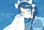  1girl 965ma_mogumogu air_bubble bare_legs black_hair blue_background blue_eyes blue_hoodie blush braid bubble fish_hair_ornament glasses hair_ornament hair_ribbon hairclip hand_on_own_knee hashtag-only_commentary hood hoodie idolmaster idolmaster_shiny_colors knees_up mitsumine_yuika ribbon solo squid_print striped_ribbon twin_braids yellow-framed_eyewear 