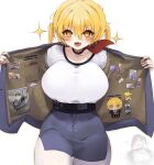  +_+ 1girl absurdres alternate_breast_size badge black_choker black_coat black_pants blonde_hair blue_jacket blue_skirt blush boots breasts brown_boots character_doll choker coat collared_shirt commentary cosplay doll don_quixote_(project_moon) fang goddess_of_victory:_nikke highres jacket large_breasts limbus_company necktie open_clothes open_jacket pants pocket poster_(object) project_moon red_necktie saeda8e shirt skirt solo_focus sora_(nikke) sora_(nikke)_(cosplay) sparkle stuffed_toy symbol-only_commentary twintails white_shirt yellow_eyes 