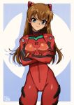  1990s_(style) 1girl absurdres annoyed artist_logo blue_eyes bodysuit breasts brown_hair cowboy_shot crossed_arms curvy gravydood highres legs logo long_hair looking_at_viewer mecha_pilot_suit neon_genesis_evangelion plugsuit_(evangelion) red_bodysuit retro_artstyle shiny_clothes simple_background skin_tight solo souryuu_asuka_langley thigh_gap thighs tsundere two_side_up upper_body wide_hips 