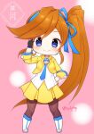  1girl ace_attorney artist_name athena_cykes black_gloves blue_bow blue_eyes blue_hairband blue_necktie bow bow_hairband chibi chibi_only closed_mouth crescent crescent_earrings cropped_jacket earrings gloves hair_bow hairband hand_on_own_hip jacket jewelry long_hair looking_at_viewer necktie open_clothes open_jacket orange_hair pantyhose partially_fingerless_gloves pink_background shirt shoes side_ponytail single_earring single_glove skirt smile solo swept_bangs sylphy_fe very_long_hair white_shirt white_shoes yellow_jacket yellow_skirt 