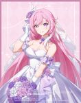  1girl absurdres bouquet bow breasts bridal_veil chinese_commentary cleavage collar commentary_request commission cowboy_shot detached_collar diamond-shaped_pupils diamond_(shape) dress dress_bow dress_flower elysia_(herrscher_of_human:_ego)_(honkai_impact) elysia_(honkai_impact) flower frilled_armlet highres holding holding_bouquet honkai_(series) honkai_impact_3rd long_hair looking_at_viewer neck_flower partial_commentary pink_hair pointy_ears purple_eyes purple_flower purple_rose rose smile solo strapless strapless_dress symbol-shaped_pupils tucking_hair tujiu_sama veil very_long_hair watermark wedding_dress white_background white_bow white_collar white_dress white_flower white_rose white_veil 
