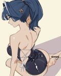  1girl alternate_costume ass barefoot bikini black_bikini blue_eyes blue_hair breasts closed_mouth hair_intakes hair_ornament highres hololive hololive_english large_breasts light_smile ouro_kronii pomuya ponytail sitting solo swimsuit virtual_youtuber x_hair_ornament yokozuwari 