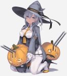  +_+ 1girl adapted_costume bangs blue_eyes bow breasts cape chou-10cm-hou-chan_(suzutsuki&#039;s) cleavage_cutout clothes_writing collared_shirt commentary_request corset eyebrows_visible_through_hair eyelashes frilled_sleeves frills full_body grey_cape halloween happy_halloween hat hat_bow high_heels highres jack-o&#039;-lantern kantai_collection long_hair long_sleeves medium_breasts miniskirt necktie one_side_up pleated_skirt pumpkin rokuwata_tomoe shirt silver_hair sitting skirt smile solo suzutsuki_(kantai_collection) weapon white_legwear white_shirt white_skirt wide_sleeves witch witch_hat yellow_footwear yellow_neckwear 