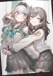  2girls alternate_costume black_hairband blush bow breasts closed_mouth collarbone firefly_(honkai:_star_rail) firefly_(spring_missive)_(honkai:_star_rail) gradient_hair green_bow green_hair grey_hair grey_skirt hair_between_eyes hair_intakes hair_ornament hairband highres holding_hands honkai:_star_rail honkai_(series) hug itame_moyashi long_hair long_sleeves looking_at_another looking_at_viewer medium_breasts multicolored_hair multiple_girls official_alternate_costume parted_lips pink_eyes plaid_bow plaid_clothes plaid_skirt school_uniform skirt smile stelle_(honkai:_star_rail) teeth thighhighs trailblazer_(honkai:_star_rail) viewfinder white_thighhighs yellow_eyes 