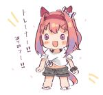  1girl :d animal_ears black_shorts blush_stickers bow chibi ear_bow flower-shaped_pupils full_body hair_intakes hairband haru_urara_(umamusume) highres horse_ears horse_girl horse_tail midriff moko39_takasora navel pink_hair ponytail purple_eyes red_hairband sandals shirt short_sleeves shorts simple_background smile solo standing symbol-shaped_pupils tail tied_shirt translation_request umamusume v-shaped_eyebrows white_background white_bow white_sandals white_shirt 