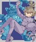  1girl bodysuit brown_eyes brown_hair clenched_hand commentary commission crossed_bangs felsi_rollo gloves grey_bodysuit grey_gloves grin gundam gundam_suisei_no_majo hair_between_eyes helmet highres holding holding_helmet looking_at_viewer mecha mecha_pilot_suit mecha_request mizuno_(okn66) normal_suit_(gundam) ponytail robot simple_background skeb_commission smile solo 