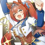  1girl animal_ears arm_up blue_choker blush bow breasts brown_hair choker cleavage clenched_hand closed_eyes commentary_request daiwa_scarlet_(umamusume) fang hair_between_eyes hair_bow hair_intakes hand_up highres horse_ears horse_girl horse_tail large_breasts long_hair long_sleeves navel open_mouth over_go_au red_bow skin_fang skirt solo sparkle starting_future_(umamusume) tail tiara translation_request twintails umamusume 