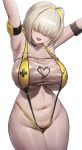  1girl absurdres alternate_costume armpits arms_up black_choker blonde_hair blush breasts choker clothing_cutout commentary covered_eyes cowboy_shot elegg_(nikke) goddess_of_victory:_nikke hair_over_eyes heart_cutout highres huge_breasts monegi navel open_mouth revision short_hair simple_background skindentation smile solo stomach sweat underboob white_background 