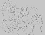  ambiguous_gender bloowolfy clothing domestic_cat fan_character felid feline felis feral group hat headgear headwear lying mammal on_front open_mouth open_smile sketch smile warriors_(book_series) 