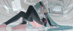  1girl absurdres anklet aqua_eyes aqua_hair barefoot black_sleeves commentary_request depressed detached_sleeves feet hair_between_eyes hatsune_miku hatsune_miku_(append) highres indoors jewelry knees_up legs long_hair mixed-language_commentary number_tattoo shirt sitting sleeveless sleeveless_shirt solo tadanotarosuke tattoo toenails toes twintails vocaloid 