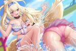  2girls @_@ absurdres alternate_costume animal_ear_fluff animal_ears ass bare_shoulders bikini blonde_hair blue_bikini blue_eyes blush breasts commentary dog_ears dog_girl dog_tail embarrassed frilled_bikini_bottom fuwawa_abyssgard hair_intakes highres hololive hololive_english horn_hairband hug large_breasts long_hair looking_at_another mitzuhiki mococo_abyssgard multiple_girls open_mouth pink_bikini pink_eyes short_hair siblings sisters swimsuit tail twins virtual_youtuber wet 