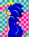  abstract_background ancient-onyx anthro apathetic blue_body blue_fur blue_spines bubble_butt butt checkered_background eulipotyphlan frown fur glistening glistening_body glistening_fur green_eyes half-closed_eyes hedgehog male mammal pattern_background presenting presenting_hindquarters raised_tail simple_background sonic_(series) sonic_the_hedgehog thick_thighs 