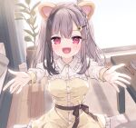  1girl :d bed black_hair bowl braid brown_hair collared_shirt commentary_request day dress dress_shirt flower frilled_dress frilled_shirt_collar frills hair_between_eyes hair_flower hair_ornament hairclip highres hoshi_(snacherubi) indoors juliet_sleeves long_hair long_sleeves looking_at_viewer multicolored_hair no_shoes original outstretched_arms pantyhose plant potted_plant puffy_sleeves red_eyes shirt sitting smile solo spoon strapless strapless_dress streaked_hair sunflower sunflower_hair_ornament sunlight table wariza white_pantyhose white_shirt window wooden_floor wooden_spoon yellow_dress yellow_flower 