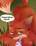  ! all_fours anthro ass_up butt canid canine dialogue dipstick_tail disney egg english_text fox front_view fur grass green_background looking_at_viewer male mammal multicolored_tail nick_wilde nude open_mouth open_smile orange_body orange_fur raised_tail red_fox rin_tyan sharp_teeth simple_background smile solo speech_bubble teeth text zootopia 
