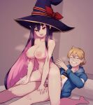  1boy 1girl absurdres ass_smack blonde_hair blue_jacket breasts commission commissioner_upload completely_nude glasses hat highres jacket lamb-oic029 large_breasts mighty_morphin_power_rangers multicolored_hair nipples nude pink_hair power_rangers purple_hair reverse_cowgirl_position sentai_red_ga_isekai_de_boukensha_ni_naru shirt skeb_commission smile straddling two-tone_hair white_shirt william_cranston witch_hat yihdra_arvoln 