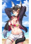  animal_ears bikini garter hololive ookami_mio open_shirt swimsuits tail youl 