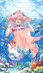  1girl aqua_eyes aqua_hair barefoot bikini bracelet breasts commentary coral double_w drill_hair feet feng_shao_kky_(arj0522) fish hat highres honkai:_star_rail honkai_(series) hyacine_(honkai:_star_rail) jewelry little_ica_(honkai:_star_rail) looking_at_viewer multicolored_hair open_mouth pegasus pink_hair red_bikini red_hat small_breasts smile soles swimsuit toes twin_drills twintails two-tone_hair underwater w 