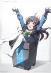  1girl animal_ear_hairband animal_ears arms_up black_gloves black_hair blue_archive blue_jacket blush fake_animal_ears gloves green_neckerchief hairband highres in_container in_trash_can jacket leaf leaf_on_head long_hair looking_at_viewer miyu_(blue_archive) neckerchief no_shoes open_mouth pantyhose puchikun rabbit_ear_hairband rabbit_ears red_eyes sailor_collar solo trash_can white_hairband white_pantyhose white_sailor_collar 