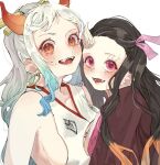  2girls blue_hair breasts brown_hair commentary_request earrings fangs highres horns japanese_clothes jewelry kamado_nezuko kimetsu_no_yaiba kimono looking_at_viewer multiple_girls one_piece open_mouth orange_eyes pink_eyes ponytail sideboob sidelocks simple_background single_horn sleeveless sleeveless_kimono u_mi031 white_background white_hair white_kimono yamato_(one_piece) 