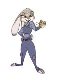  anthro badge buckteeth clothed clothing disney fully_clothed fur grey_body grey_fur head_tuft judy_hopps lagomorph leporid mammal police_uniform purple_eyes rabbit rin_tyan simple_background solo standing teeth toeless_legwear tuft uniform white_background zootopia 