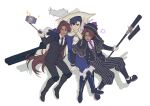  3boys ascot black_capelet black_gloves black_hair black_hat black_necktie black_shoes bow brown_hair cape capelet cavalier_hat cinq_association_west_uniform collared_shirt dark-skinned_male dark_skin full-stop_office_(identity)_(project_moon) full_body fur_trim gloves gold_trim green_eyes hat heathcliff_(project_moon) high_ponytail highres holding holding_weapon killerohan knee_guards limbus_company long_hair long_sleeves looking_at_viewer male_focus meursault_(project_moon) multiple_boys necktie oufi_association_south_uniform ponytail project_moon purple_bow purple_eyes purple_necktie selfie_stick shirt shoes short_hair simple_background sitting sparkle v weapon white_ascot white_background white_cape white_gloves white_hat white_shirt 