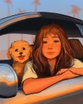  1girl 1other brown_eyes brown_hair car dog elbow_rest highres looking_at_viewer medium_hair motor_vehicle original palm_tree reflective_surface sam_yang shirt sparkling_eyes sunset tongue tongue_out tree wavy_hair white_shirt yorkshire_terrier 