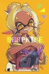  1girl bare_shoulders black_shorts blonde_hair breasts cleavage collarbone colored_extremities colored_eyelashes commentary_request copyright_name cross-shaped_pupils dark-skinned_female dark_skin earrings fangs frye_(splatoon) frye_(splatoon_raiders) gradient_hair grin highres inkling isamu-ki_(yuuki) jewelry long_eyelashes looking_at_viewer mario_(series) mario_kart mario_kart_world medium_hair multicolored_hair nintendo nintendo_switch_2 off-shoulder_shirt off_shoulder official_alternate_costume orange_background orange_pupils parted_bangs ponytail purple_hair shirt shorts shorts_under_skirt skirt smile solo splatoon_(series) splatoon_raiders symbol-shaped_pupils tentacle_hair torn_clothes torn_skirt white_skirt yellow_eyes yellow_shirt 