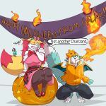  1:1 2019 6my banner blue_body blue_fur bottomwear braixen breasts breath_powers canid canine charizard clothing cosplay crouching dialogue dipstick_tail dress duo english_text facepalm fan_character female fire fire_breathing food footwear fox fruit fur gloves halloween handwear headgear headwear hi_res high_heels holidays hoodie inner_ear_fluff legwear male mammal multicolored_tail nintendo open_mouth pants plant pok&eacute;mon pok&eacute;mon_(species) pumpkin ribbons roflfox seraphine_(roflfox) serena_(pok&eacute;mon) shoes sitting speech_bubble stick stockings text topwear tuft video_games white_body white_fur yellow_body yellow_fur 