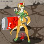 ant anthro arthropod beverage_can breast_tattoo breasts butt camo camo_clothing camo_print cleavage clothed clothing cobra detailed_background duo female fingerless_gloves footwear gloves green_clothing green_eyes green_leotard green_makeup handwear hat headgear headwear high_heels holding_object hymenopteran insect larger_female leotard lyonley male micro mirror mirror_reflection multicolored_body multicolored_scales non-mammal_breasts pattern_clothing red_clothing red_hat red_headwear reflection reptile scales scalie shadow shoes size_difference smaller_male snake solo tan_body tan_scales tattoo trash two_tone_body two_tone_scales vitalian_li_vidal zipper_leotard