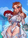  1boy 1girl artist_name blonde_hair blue_eyes bouquet breasts bridal_veil broken_heart clothing_cutout flower heart highres large_breasts leotard long_hair marvel marvel_rivals namor navel navel_cutout official_alternate_costume poposhirat red_flower red_rose rose sue_storm sue_storm_(the_life_fantastic) veil white_leotard 