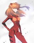  1girl arm_at_side bodysuit brown_hair contrapposto evangelion:_3.0_you_can_(not)_redo eyepatch from_side hand_on_hip long_hair mizukoma neon_genesis_evangelion plugsuit rebuild_of_evangelion shikinami_asuka_langley smile solo souryuu_asuka_langley white_background 