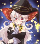  1girl corrin_(fire_emblem) corrin_(fire_emblem)_(female) detached_collar eromame fire_emblem fire_emblem_fates hat long_hair long_sleeves open_mouth pointy_ears red_eyes solo twitter_username upper_body white_hair witch_costume witch_hat 