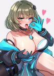  1girl absurdres aqua_belt aqua_jacket bare_shoulders bikini bikini_under_clothes black_bikini black_gloves black_jacket blue_eyes blush breasts choker cleavage collarbone cyber_fashion dance_on_the_galaxy_(idolmaster) dog_tags fellatio_gesture gloves glowing_clothes green_eyes green_hair grey_shorts hair_ornament heterochromia highres idolmaster idolmaster_cinderella_girls jacket jewelry large_breasts latte_(a_nextsystem) looking_at_viewer multicolored_bikini multicolored_jacket necklace nipples open_clothes open_jacket open_mouth short_hair shorts single_bare_leg single_leg_pantyhose solo squatting swimsuit takagaki_kaede thighs tongue tongue_out two-sided_fabric two-sided_jacket two-tone_bikini two-tone_bra two-tone_gloves two-tone_jacket 