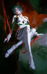  1girl absurdres ayanami_rei blue_hair breasts crossed_legs daodtt double-parted_bangs hair_between_eyes hair_ornament hashtag-only_commentary highres looking_to_the_side mecha_pilot_suit neon_genesis_evangelion plugsuit_(evangelion) red_ribbon ribbon short_hair sitting solo 