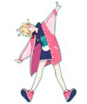  1girl alien antennae bare_legs black_hoodie blonde_hair blush dandadan full_body green_eyes grin highres hood hood_down hoodie jacket leaning_to_the_side looking_at_viewer one_eye_closed open_clothes open_jacket outstretched_arms pink_jacket pink_shoes shoes short_hair smile solo star_(symbol) tiemoww vamola_(dandadan) white_background 