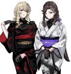  2girls 9urodine alternate_costume alternate_hairstyle black_gloves black_kimono black_shirt blonde_hair bone_hair_ornament bow braid brown_hair closed_mouth cowboy_shot gloves gradient_clothes gradient_kimono hair_between_eyes hair_bow hair_ornament half_gloves half_up_braid hand_up highres japanese_clothes kimono long_hair long_sleeves looking_at_viewer low_ponytail multiple_girls obi obijime off_shoulder own_hands_together parted_bangs parted_lips ponytail print_kimono purple_bow purple_eyes red_eyes saijou_claudine sash shirt shoujo_kageki_revue_starlight side-by-side sidelocks simple_background skull_print smile standing tendou_maya two-tone_kimono v_arms white_background white_kimono wide_sleeves 