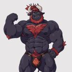 2018 abs anthro arm_tuft armpit_hair beard biceps big_muscles black_body black_fur black_nipples body_hair boku_(character) bovid bovine bulge cattle chest_hair clothed clothing elbow_tufts facial_hair facial_piercing flexing fur green_eyes hair horn looking_at_viewer male mammal muscular muscular_male nipples nose_piercing pecs piercing ponytail pubes red_hair simple_background solo standing taoren topless tuft underwear white_background wristband 