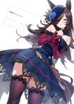  1girl animal_ears bare_shoulders black_thighhighs blue_dress blue_flower blue_hat blue_rose blush commentary_request dress flat_chest flower hair_over_one_eye hat hat_flower herohero_(higashi_no_dou) highres horse_ears horse_girl horse_tail knife_sheath long_hair looking_at_viewer off-shoulder_dress off_shoulder open_mouth purple_eyes request_inset rice_shower_(umamusume) rose sheath simple_background skindentation solo tail thighhighs thighs tilted_headwear umamusume white_background zettai_ryouiki 