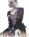  1boy abs alchemy_stars animal_ears axianorange bara black_coat black_pants braid coat cross_scar furry furry_male goat_ears goat_horns highres horns istvan_(alchemy_stars) istvan_(scarred_pith)_(alchemy_stars) kneeling looking_to_the_side male_focus multiple_scars muscular muscular_male open_clothes open_shirt pants pectorals purple_shirt scar scar_on_chest scar_on_face scar_on_stomach shirt tail white_background white_hair 