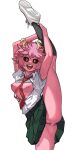  1girl anus ashido_mina black_sclera boku_no_hero_academia breasts colored_sclera colored_skin flexible holding_own_leg horns leg_lift looking_at_viewer madaotheory medium_breasts nipples no_panties pink_hair pink_skin pussy short_hair smile solo split standing standing_on_one_leg standing_split uncensored yellow_eyes 