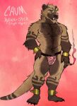 anthro arm_markings brown_body brown_fur brown_nose chumbasket chumbasket_(character) cigarette clothed clothing ear_piercing ear_ring fangs front_view full-length_portrait fur hair hand_on_hip hi_res holding_cigarette holding_object hybrid hyena industrial_piercing jockstrap leg_markings looking_aside male mammal markings mouth_closed muscular muscular_anthro muscular_male mustelid nipples otter pecs piercing portrait ring_piercing short_hair solo standing tan_body tan_fur tan_hair teeth topless underwear yellow_eyes