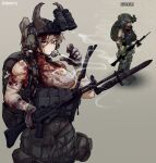 1girl absurdres ammunition_pouch assault_rifle backpack bag bandaged_arm bandages bayonet blood blood_on_clothes blood_on_face blood_on_knife blood_on_weapon blue_eyes boots breasts cigarette daewoo_k2 epakim game_screenshot_inset gloves gun headset helmet highres horns knife large_breasts looking_at_viewer magazine_(weapon) night_vision_device pouch project_zomboid rifle scar scar_across_eye scar_on_face smoke smoking solo tank_top thigh_pouch toned walkie-talkie weapon 