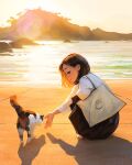  1girl 1other arm_on_knee bag beach black_eyes blurry bob_cut brown_hair cat day depth_of_field highres lens_flare looking_at_animal mountainous_horizon original outstretched_hand reflection reflective_water rock sam_yang shadow shirt shoulder_bag smile sniffing_hand squatting tote_bag white_shirt 