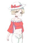  1girl adapted_costume alternate_hairstyle bare_shoulders black_choker blonde_hair bow breasts choker commentary_request crop_top elly_(touhou) frilled_shirt frills groin hat hat_bow hat_ribbon long_sleeves medium_breasts midriff navel off_shoulder pants red_bow red_ribbon red_shirt ribbon s-a-murai shirt short_hair smile solo touhou touhou_(pc-98) white_background white_hat white_pants yellow_eyes 